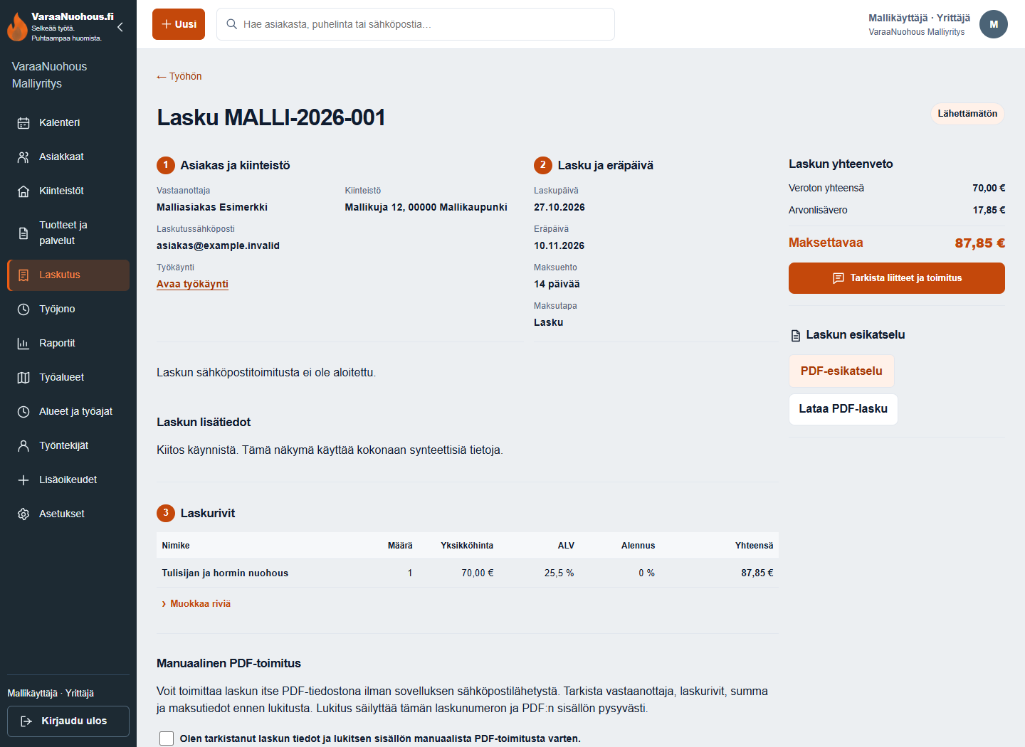 Nykyisen sovelluslähteen laskunäkymä synteettisillä tiedoilla