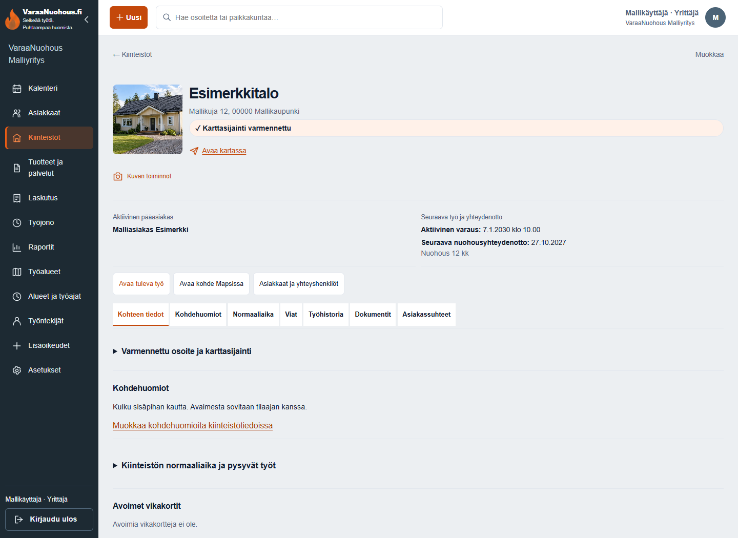 Nykyisen sovelluslähteen kiinteistökortti synteettisillä tiedoilla